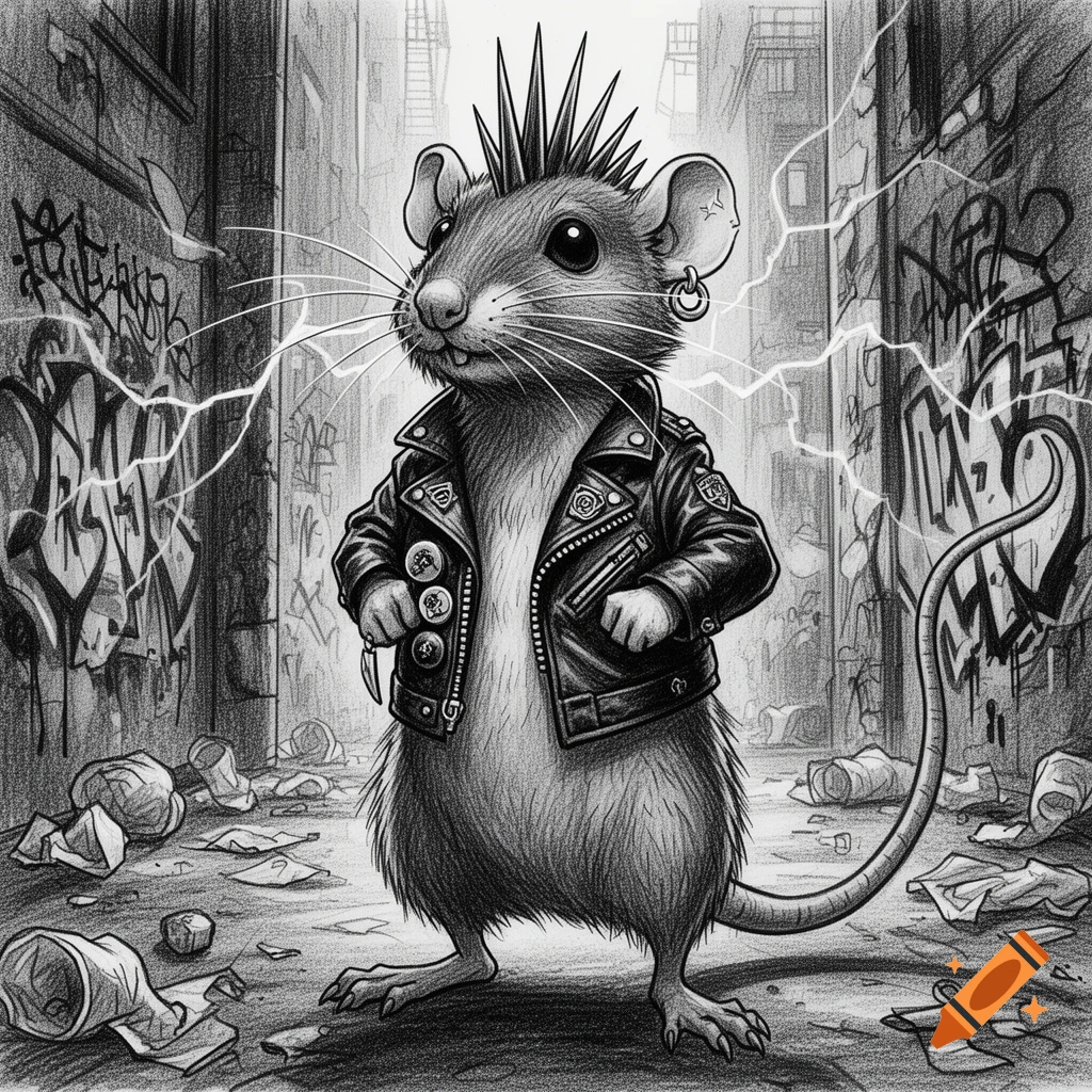 A black and white drawing of a punk rock rat wearing a leather jacket and mohawk in a graffiti-covered alley.