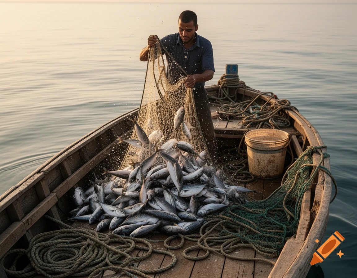 A man on a wooden boat pulls a fishing net, a large catch of fish splashing around him in the ocean during sunrise.
