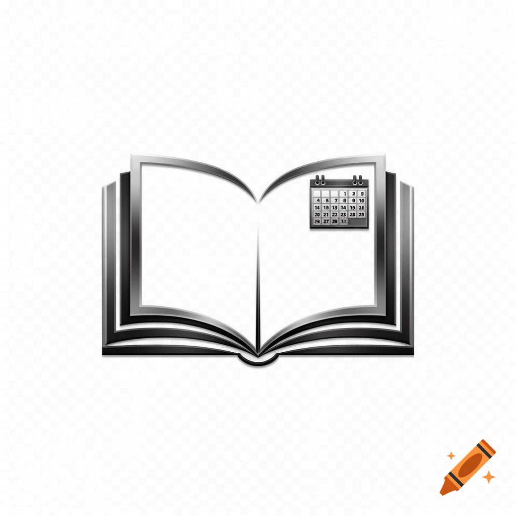 A minimalist logo featuring an open, metallic-edged book with a small calendar icon on its right page.