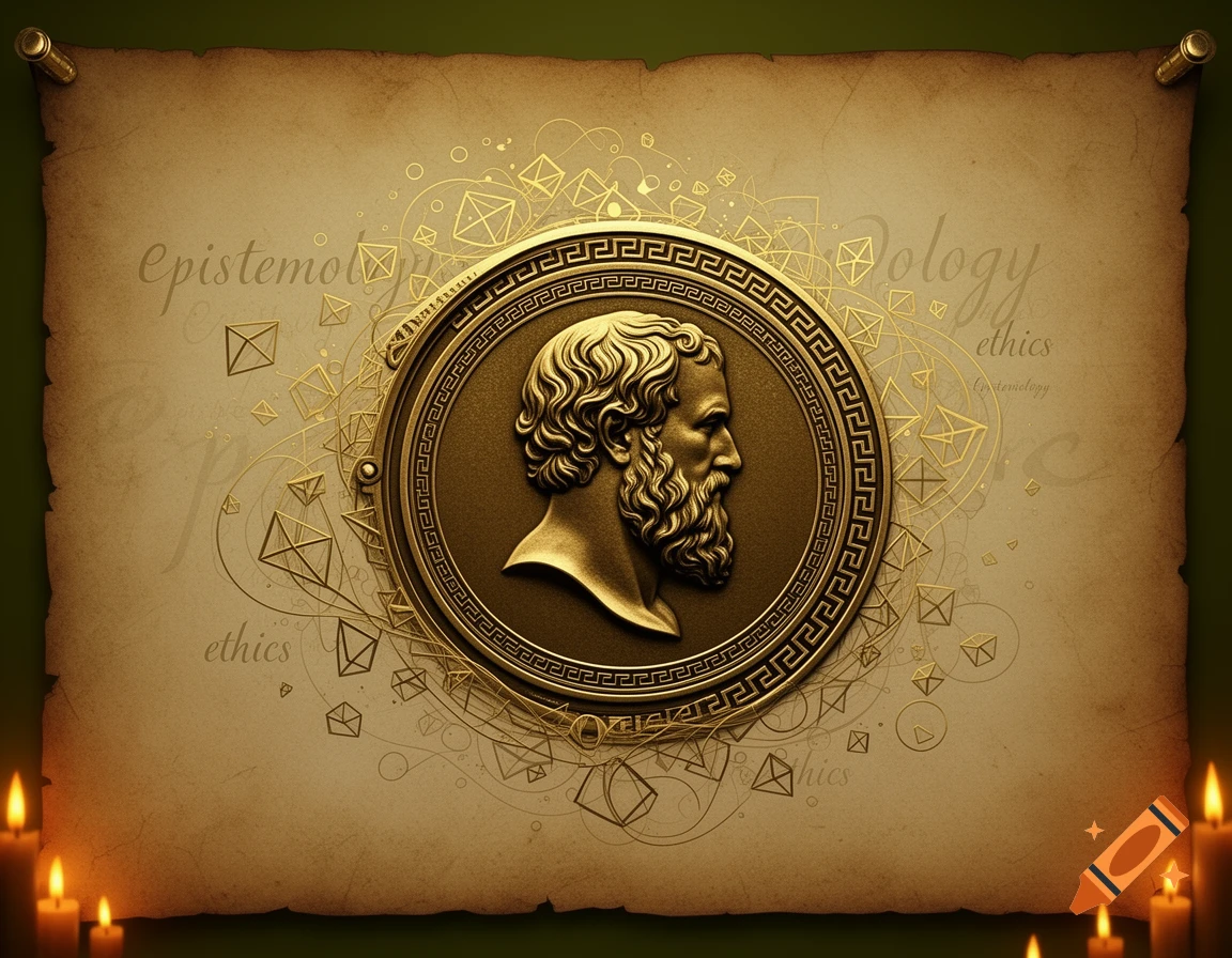 A golden relief of a classical philosopher's head on an antique parchment scroll with philosophical text and geometric designs, framed by lit candles.