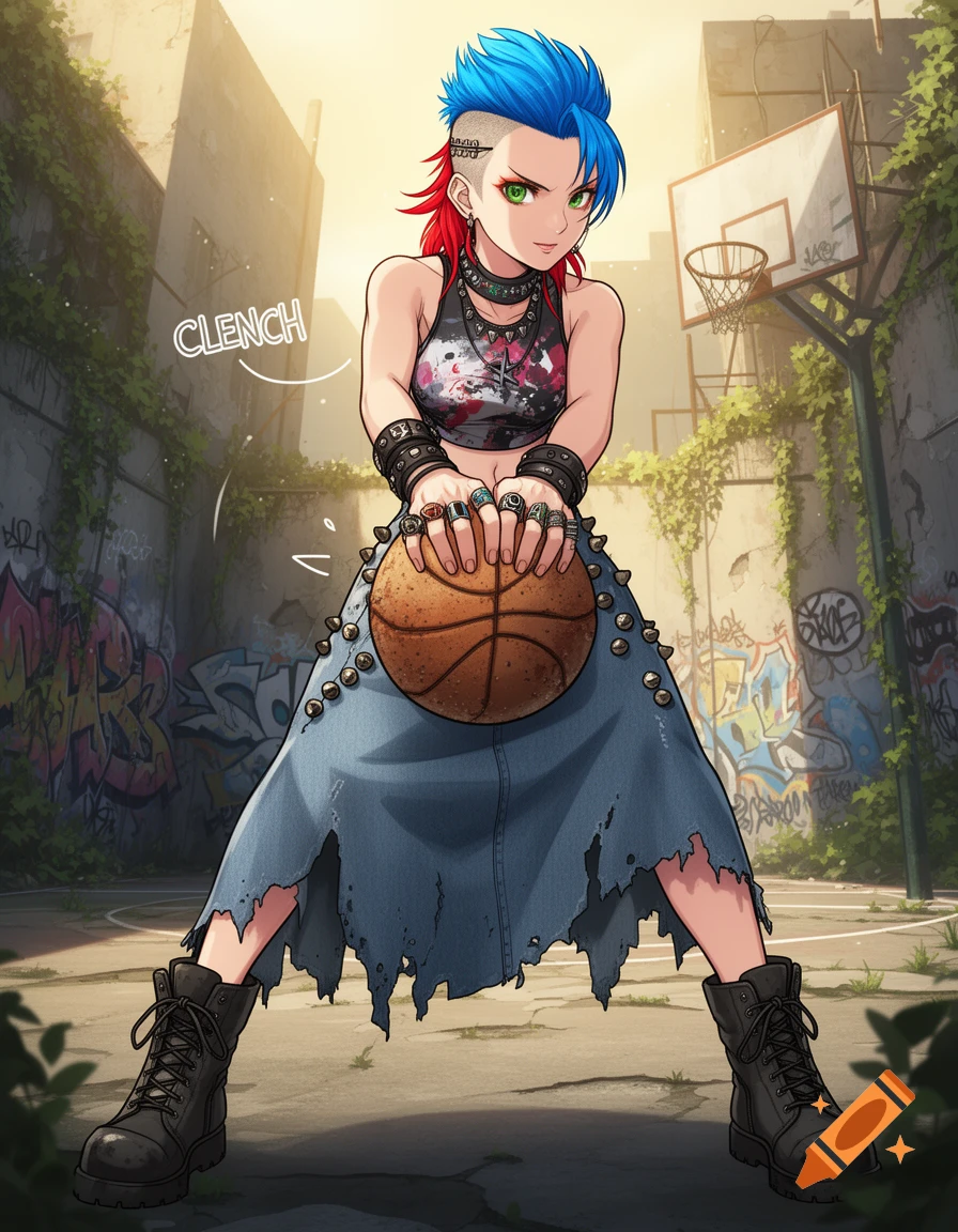 Anime girl with blue and red mohawk in a punk outfit, holding a basketball on an abandoned urban court.