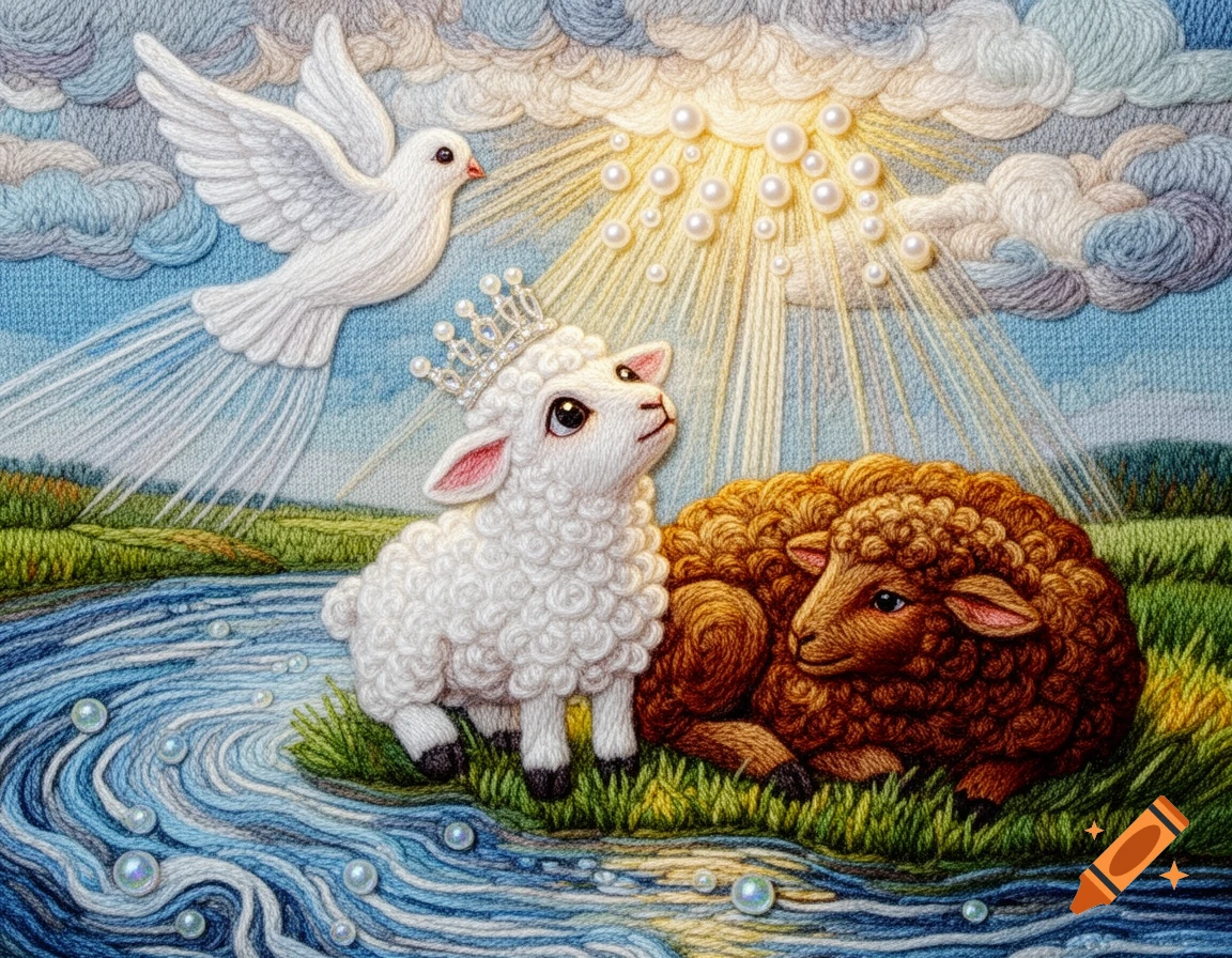 Vibrant embroidery art of a crowned white lamb, brown sheep, white dove, river, and pearl sun rays in a grassy field.