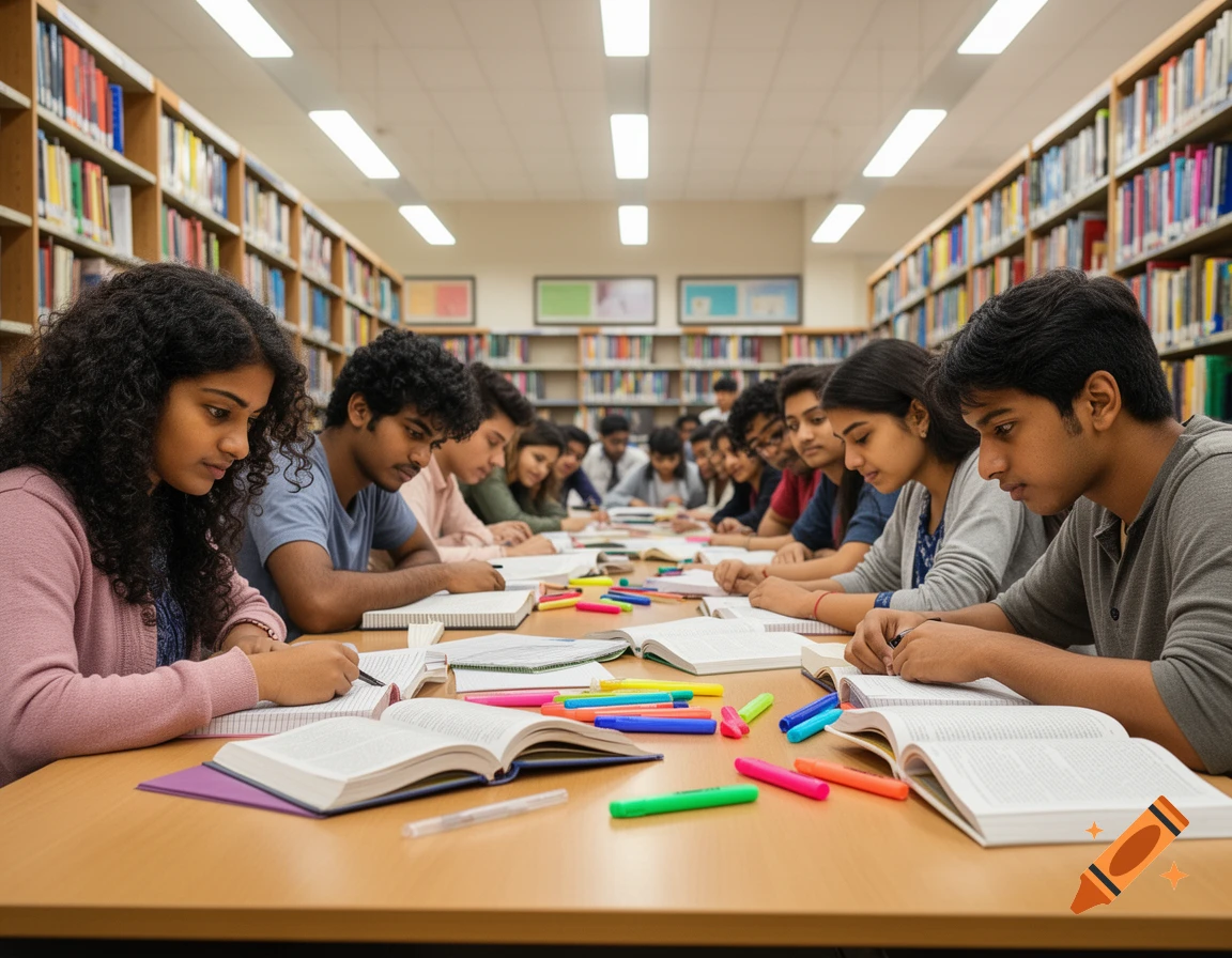 Indian students with black curly hair studying at a large table in a library surrounded by bookshelves.