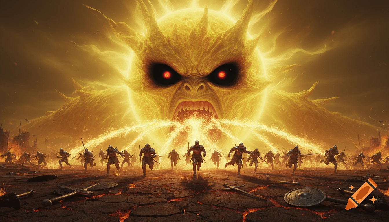 A gigantic angry sun monster with red eyes breathes fire on a cracked battlefield while knights flee in terror, in a fantasy art style.