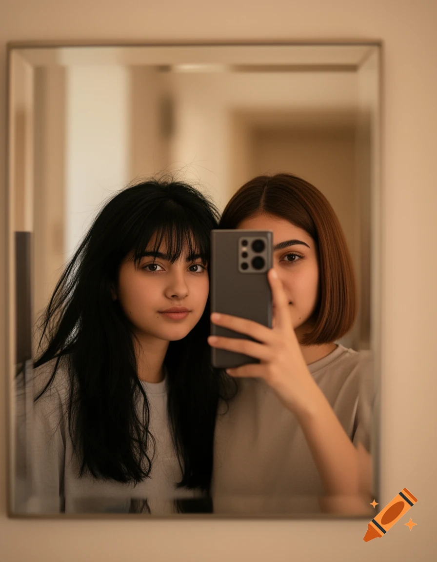 Two girls, one with long dark hair and bangs, the other with a brown bob, take a mirror selfie with a phone.