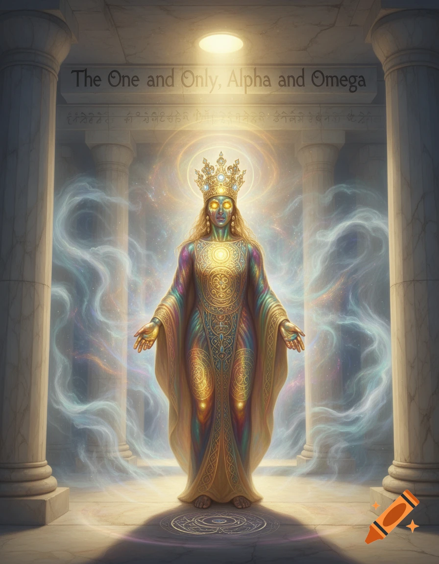 A colorful, glowing, crowned deity-like figure stands in a grand temple, with 'The One and Only, Alpha and Omega' inscribed above.