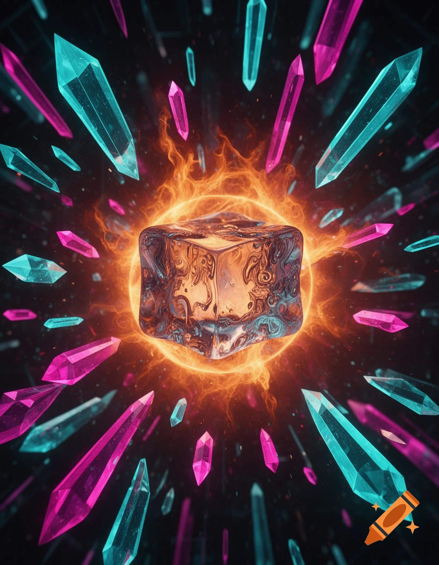 A central fiery, textured cube surrounded by radiating pink and turquoise crystal shards against a dark background.
