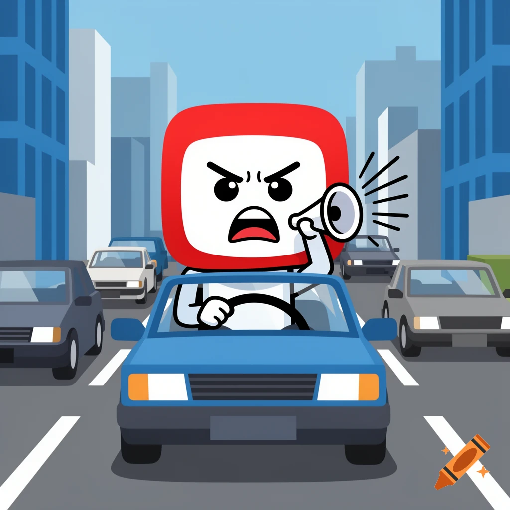 Angry cartoon character resembling the YouTube Kids icon honking in a blue car during city traffic.