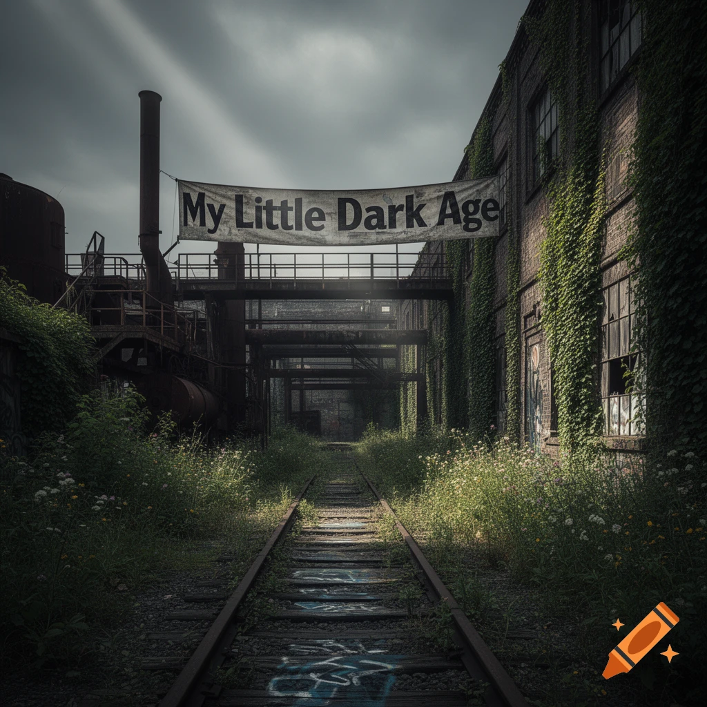 Photorealistic image of an overgrown, abandoned industrial area with train tracks leading into the distance under a dark sky. A banner reads 'My Little Dark Age'.