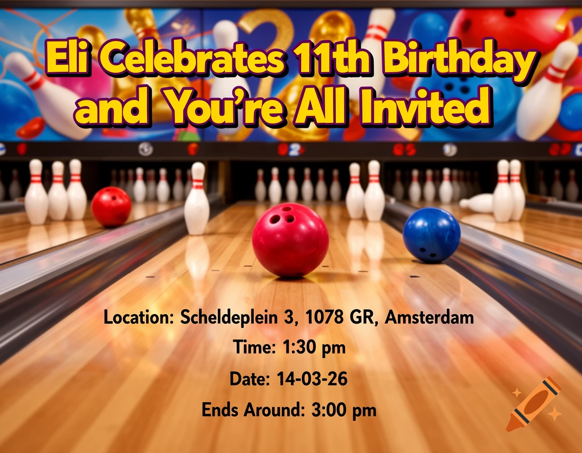 A colorful birthday invitation for Eli's 11th birthday at a bowling alley, featuring bowling pins, red and blue balls, and event details.