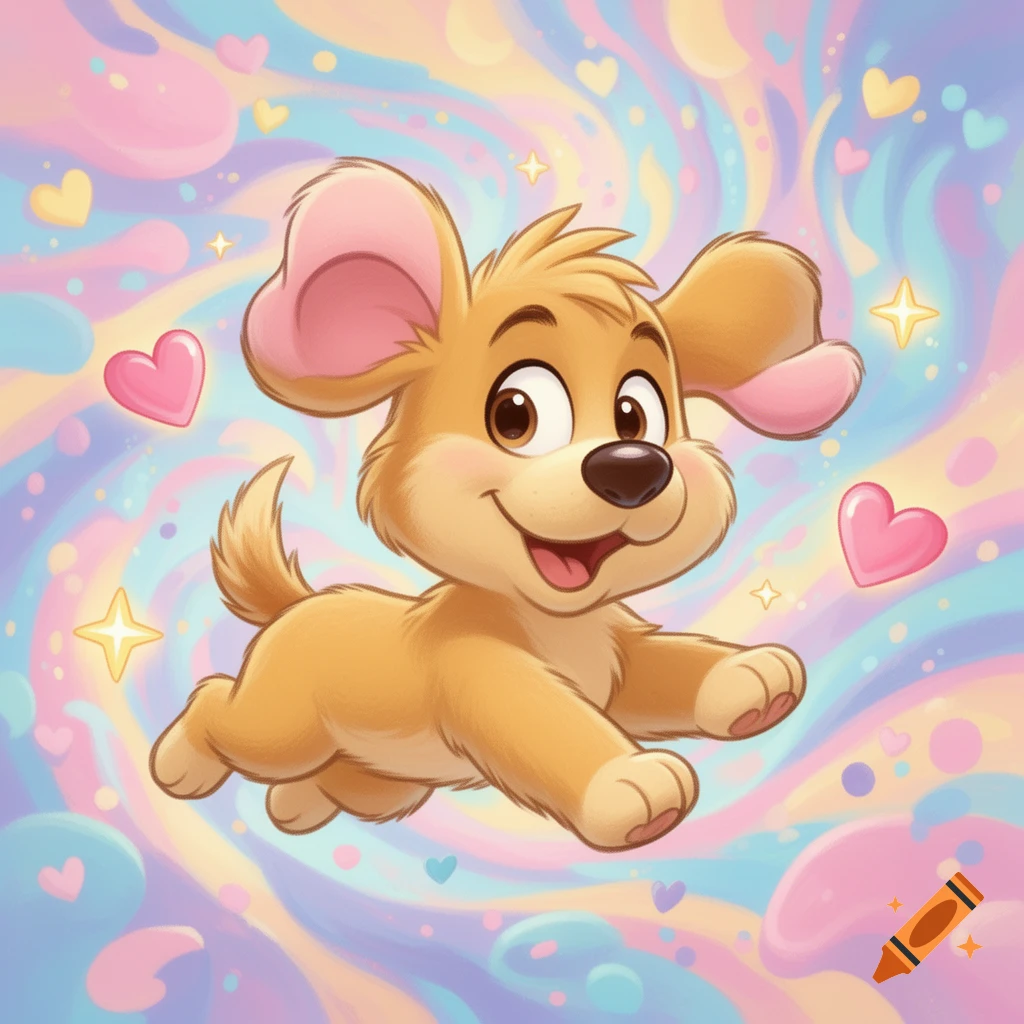 A cute, happy cartoon dog with large ears jumps playfully in a pastel, swirling background with hearts and stars.