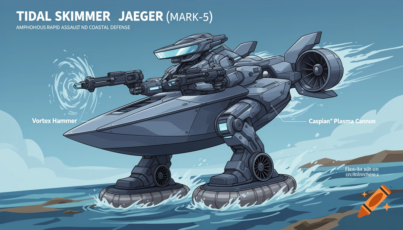 A grey futuristic mecha-hovercraft named "Tidal Skimmer Jaeger (Mark-5)" with weapons, standing in water, with blue sky and land in the background. Stylized illustration.