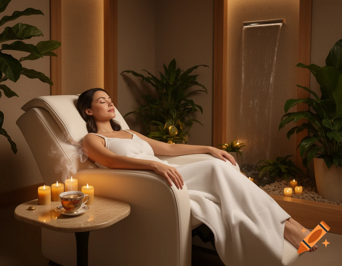 A woman relaxing in a reclined chair in a peaceful spa with lit candles, plants, and a wall waterfall. Photorealistic.