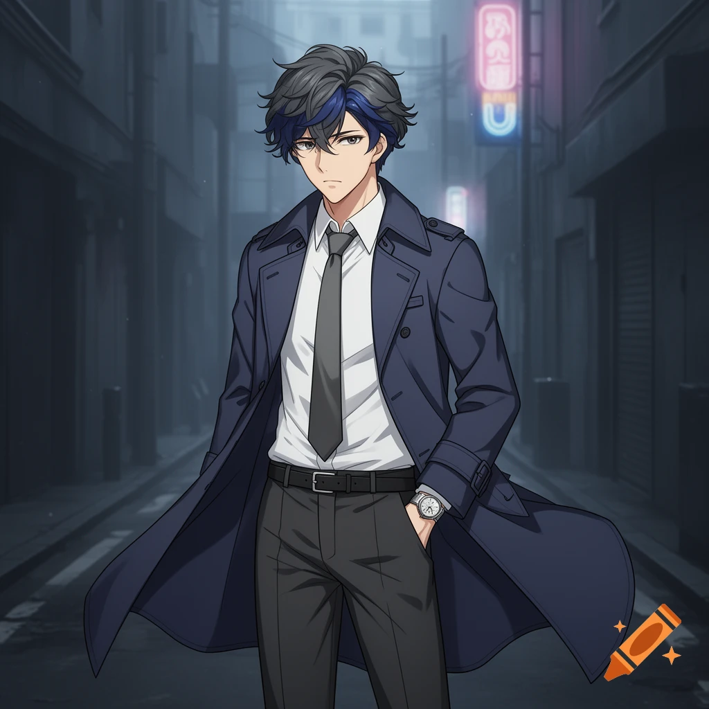 Anime man with dark and blue hair, wearing a trench coat and tie, standing in a dimly lit city alley with neon signs.