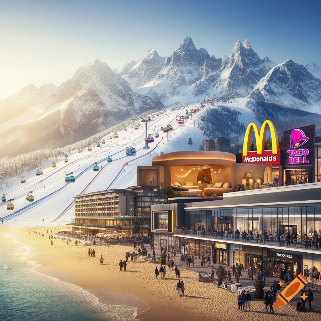 A surreal panoramic image showing a beach, snowy mountains with ski slopes, and commercial buildings including McDonald's and Taco Bell.