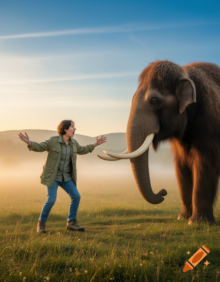 A surprised person with outstretched arms faces a large woolly mammoth in a misty, sunlit grassy field.