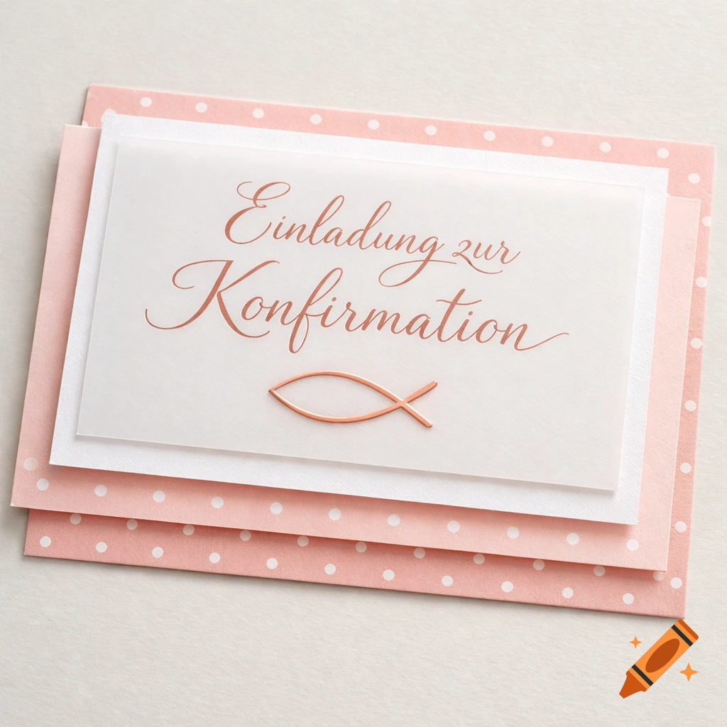 Multi-layered pink and white Confirmation invitation card with 'Einladung zur Konfirmation' text and a rose gold fish symbol.