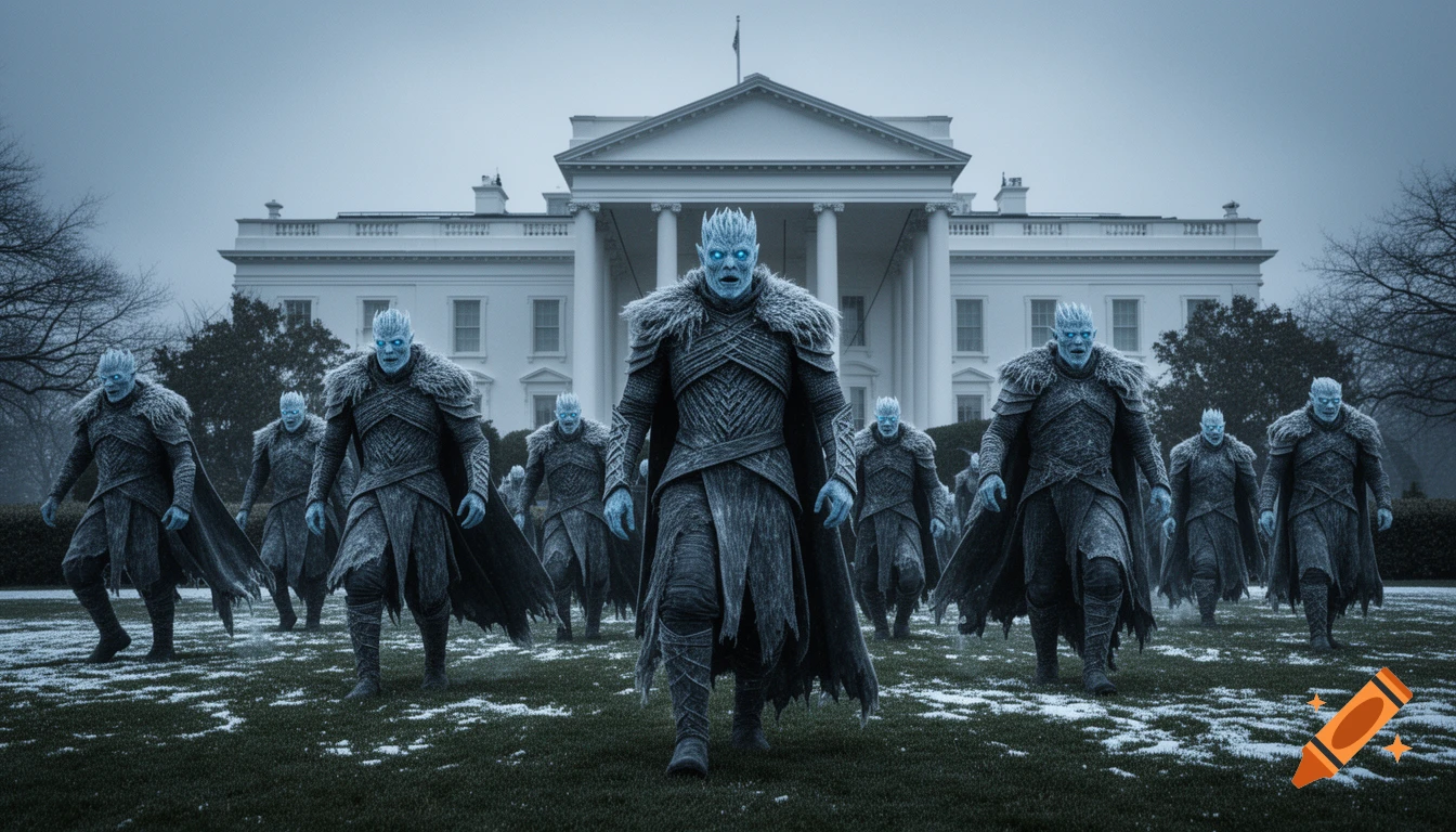 White Walkers from Game of Thrones stand on a snow-dusted lawn in front of the White House under a gray sky.