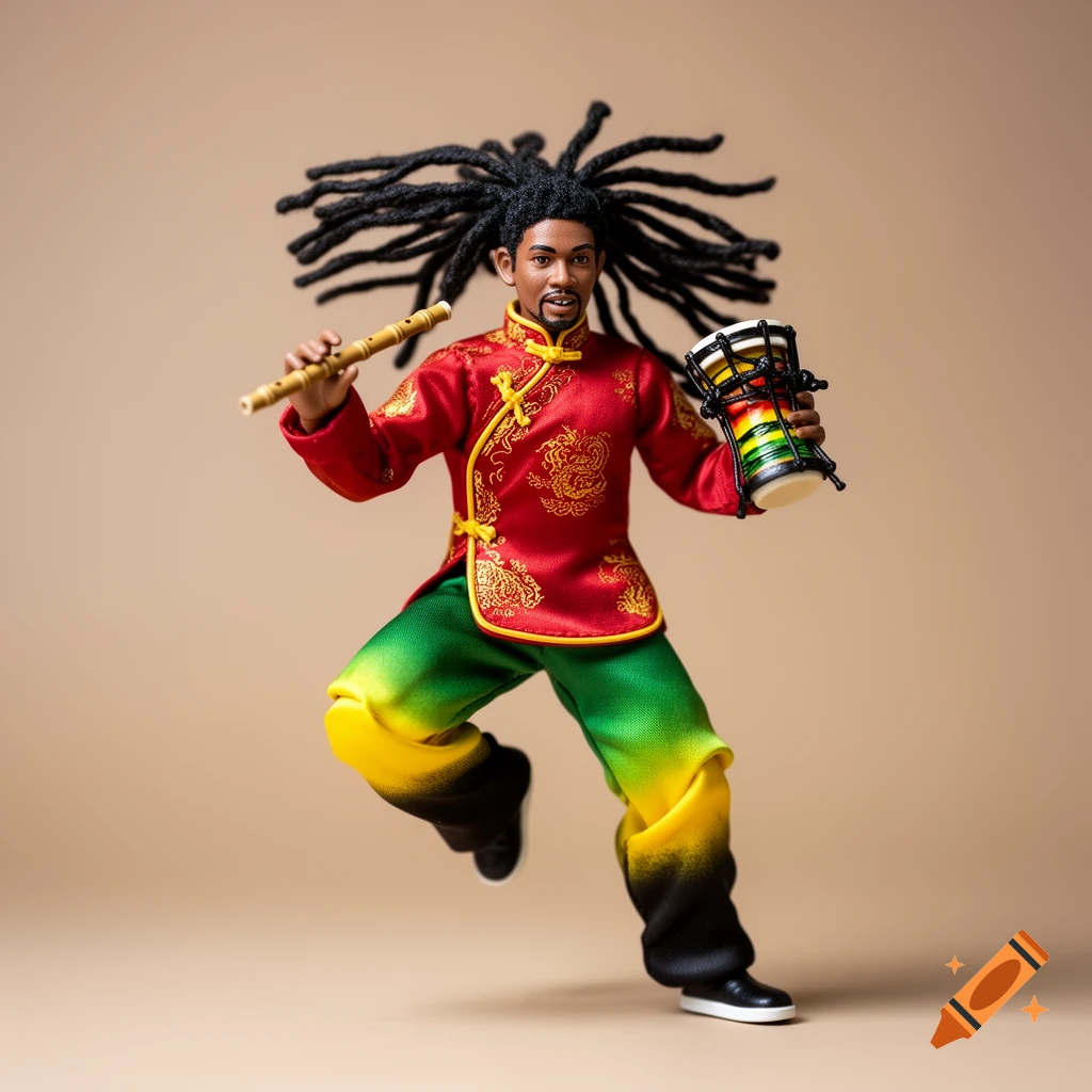 Action figure of a Black man with dreadlocks, wearing a red Chinese-style tunic and Rasta-colored pants, holding a flute and drum.