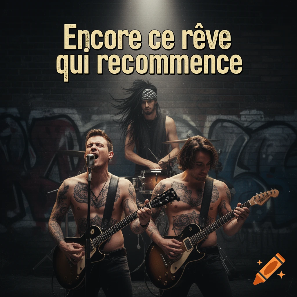Album cover for "Encore ce rêve qui recommence" featuring a rock band with two shirtless, tattooed guitarists and a drummer.