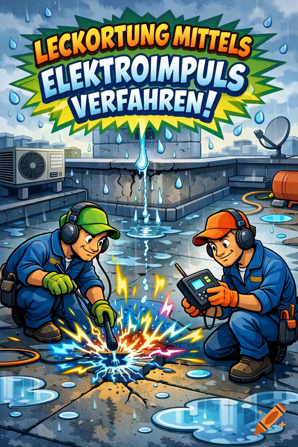 Two cartoon workers in overalls and headphones on a rainy rooftop, using electrical equipment to detect a leak.