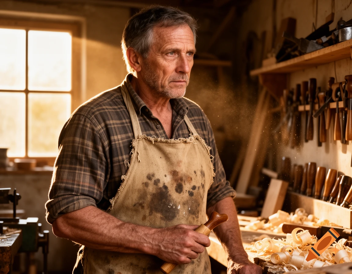An older woodworker in a rustic workshop, illuminated by sunlight, holding a tool next to wood shavings.
