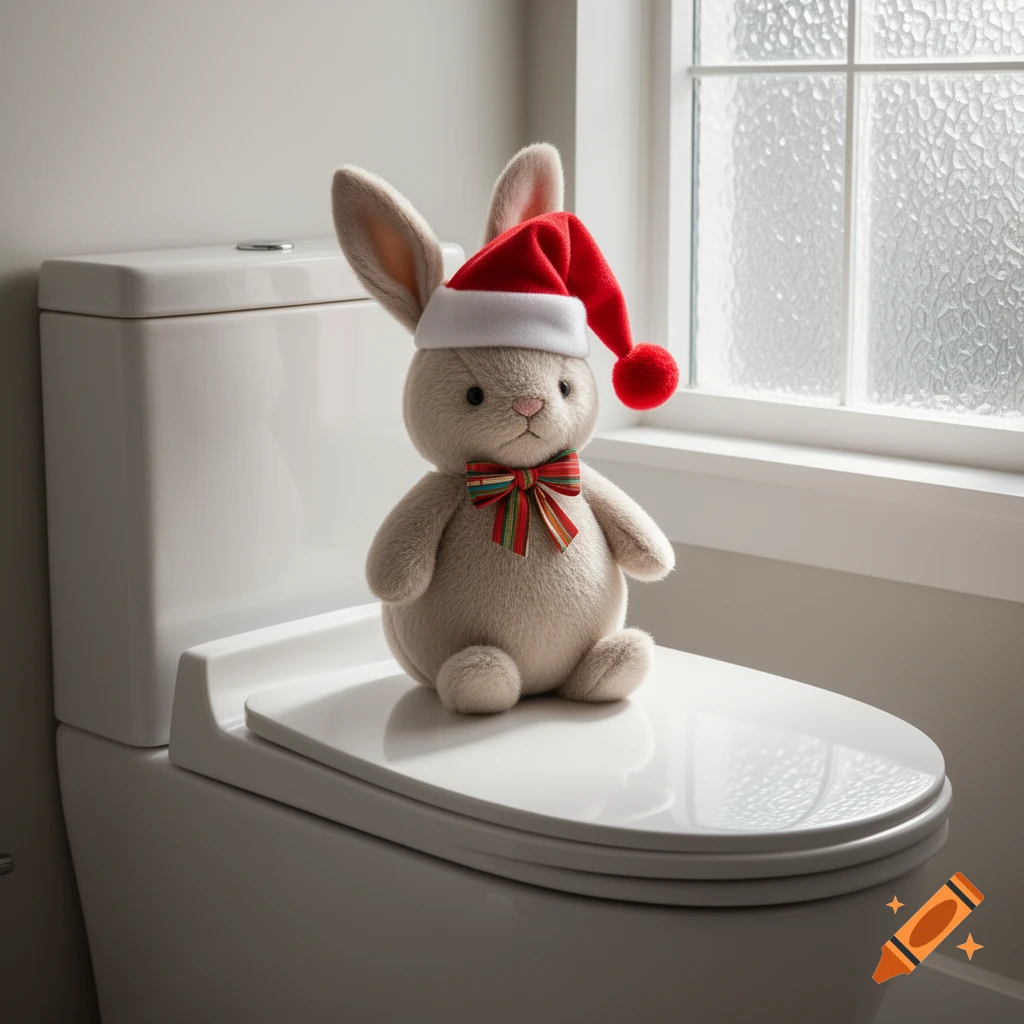A fluffy beige plush bunny wearing a red Santa hat and a striped bow tie sits on a white toilet in a brightly lit bathroom.
