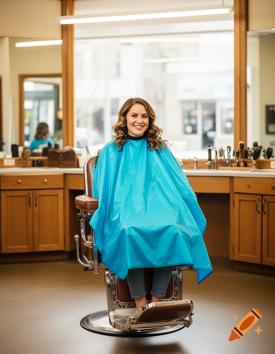 A smiling woman wearing a bright blue barber cape sits in a barber chair in a salon.