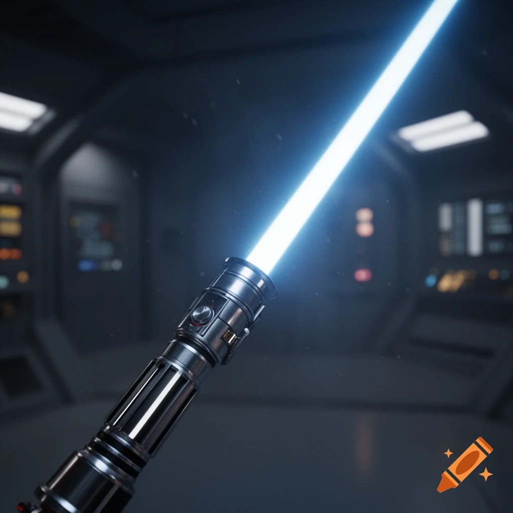 A close-up of a glowing blue lightsaber hilt and blade in a dimly lit futuristic spaceship interior.