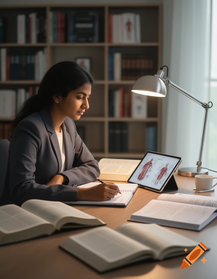 A young medical student with long dark hair sits at a desk, writing in a notebook while looking at anatomical diagrams on a tablet. Books and a lamp surround her in a well-lit library or study room.