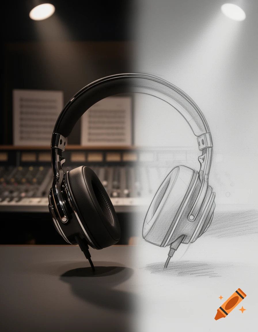 A pair of headphones is depicted with a split style; the left half is a photorealistic render, and the right half is a pencil sketch, set in a music studio background.