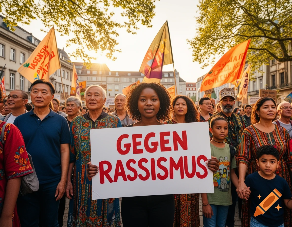 A diverse crowd attends an anti-racism protest outdoors. A woman holds a sign reading "GEGEN RASSISMUS" (Against Racism).