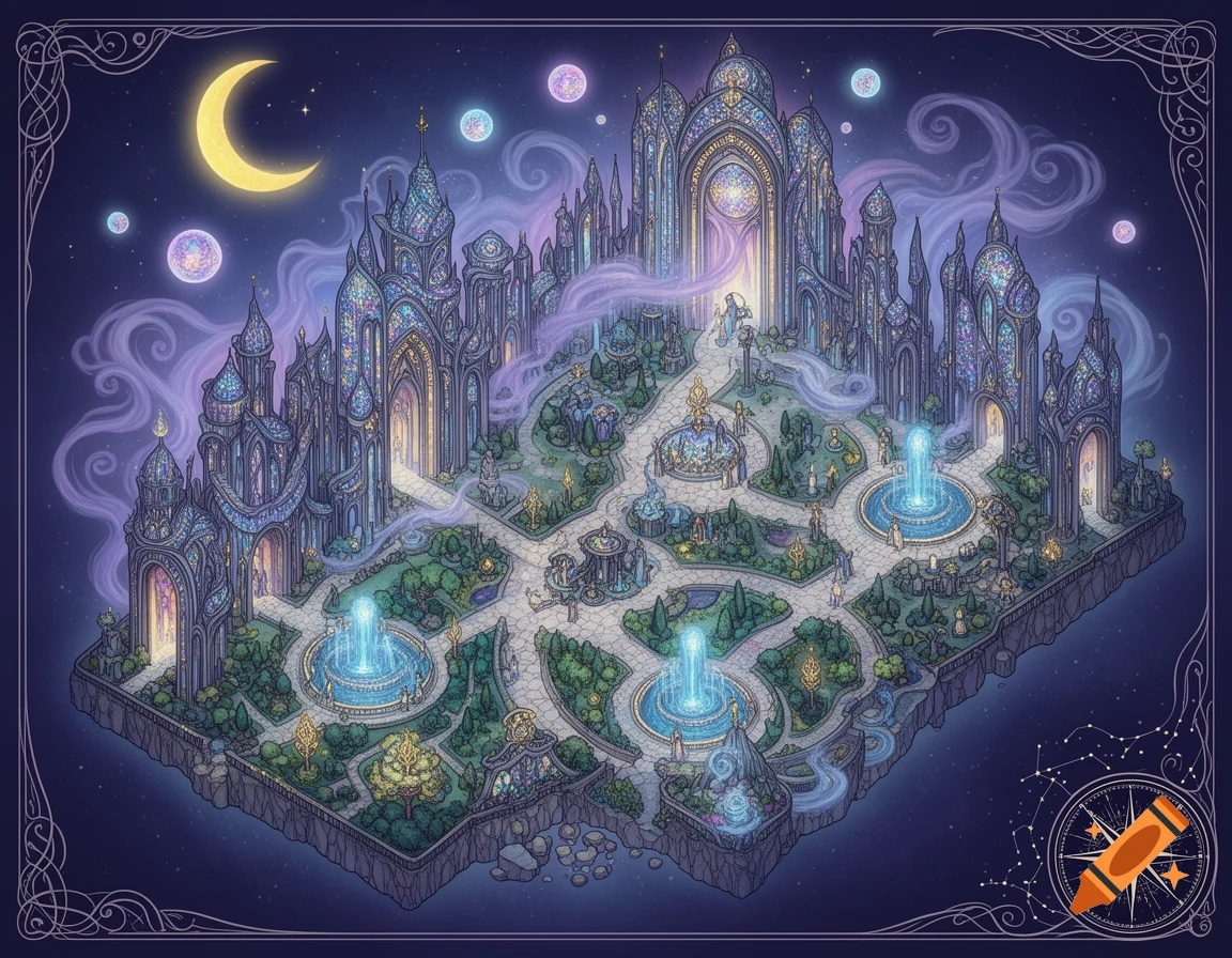 An isometric fantasy city with ornate purple and blue buildings, glowing fountains, lush gardens, under a crescent moon and starry sky, with a compass rose.