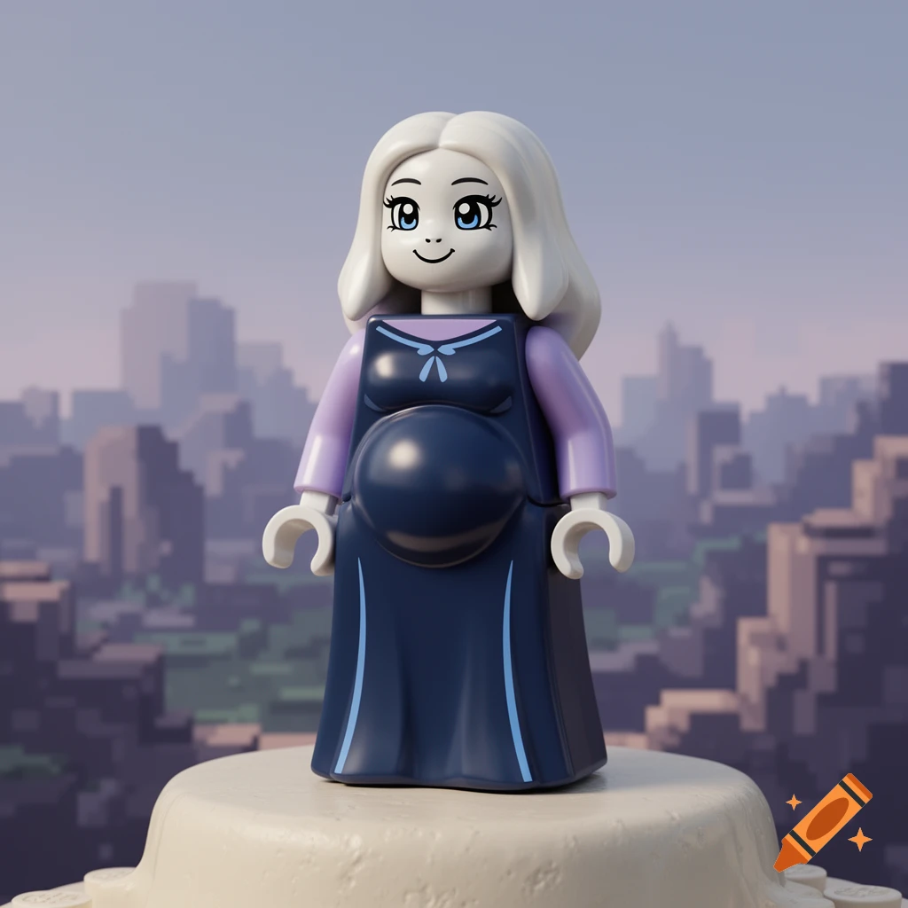 A pregnant Lego minifigure with white hair and a blue dress stands on a base, with a blurred cityscape behind.
