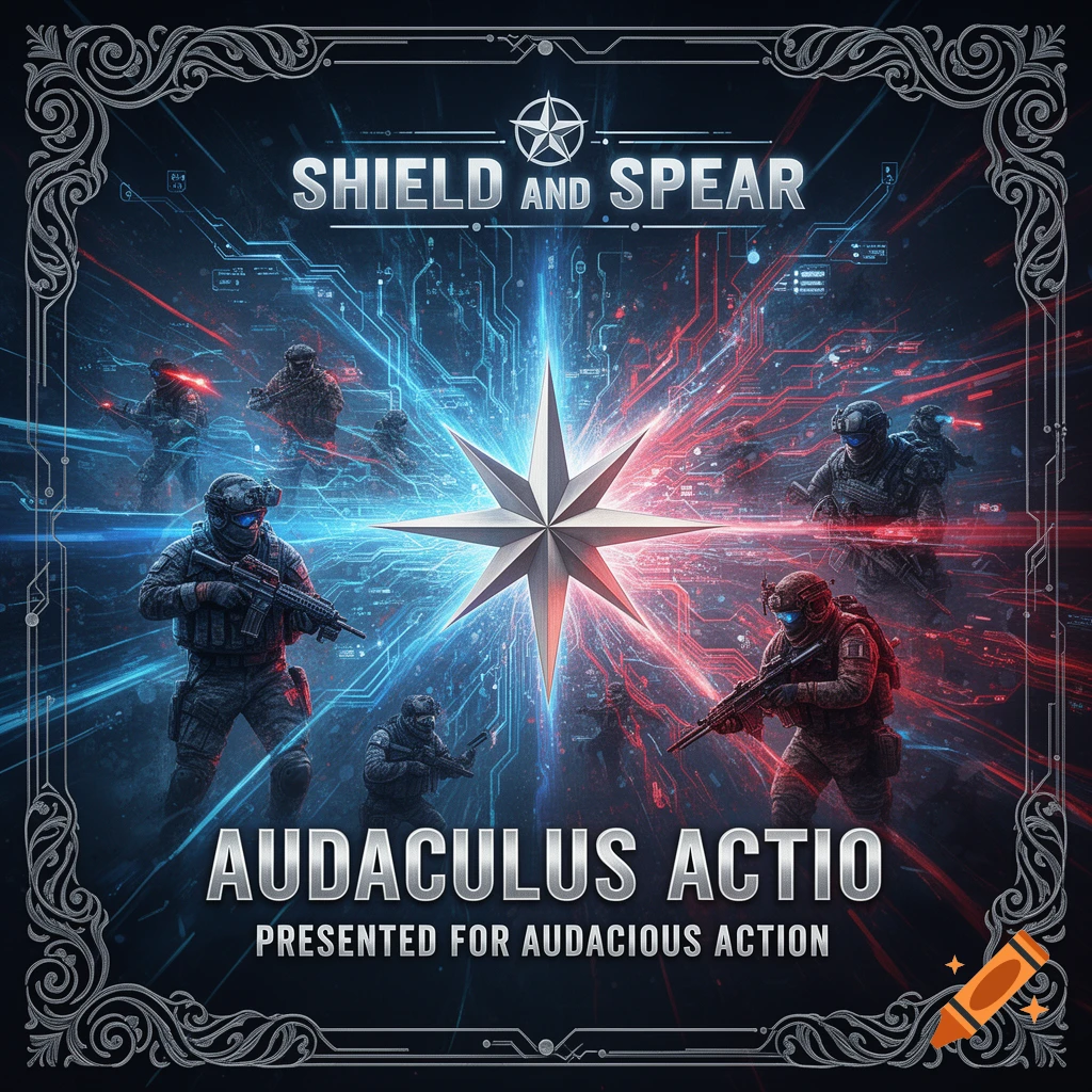 Tactical soldiers with weapons on a dark, high-tech digital circuit background with a central glowing compass star, text 'SHIELD AND SPEAR'.