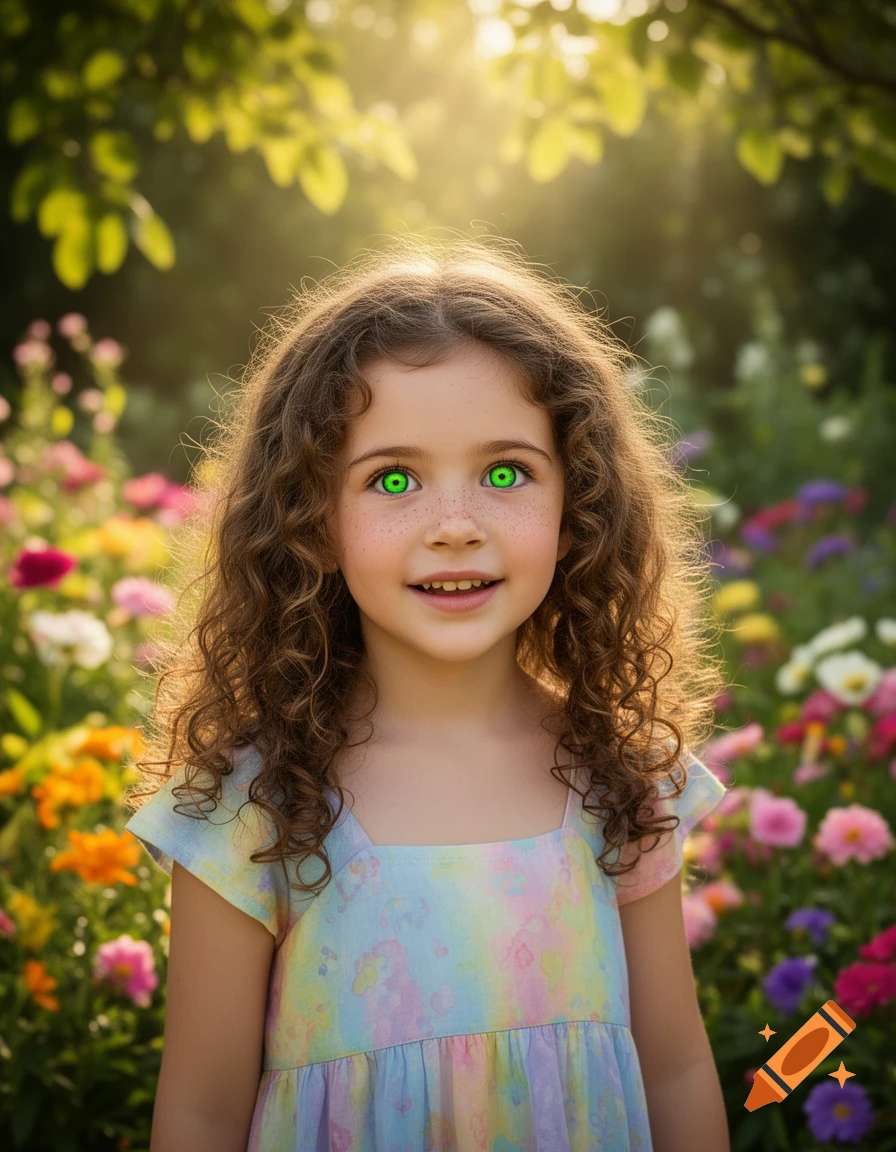 Photorealistic portrait of a smiling young girl with curly brown hair and bright green eyes in a sunlit garden.