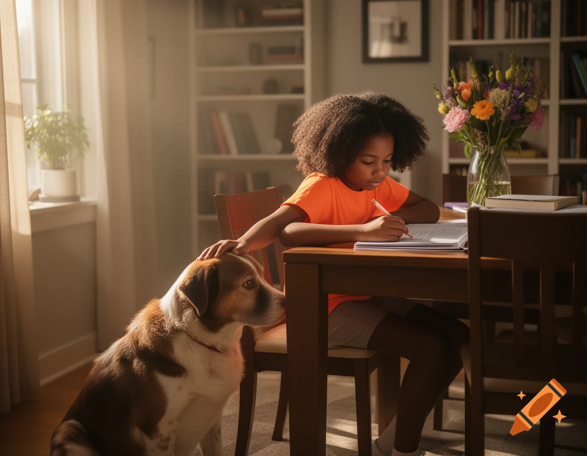 A young Black girl in an orange shirt pets her dog while doing homework at a sunlit wooden table.