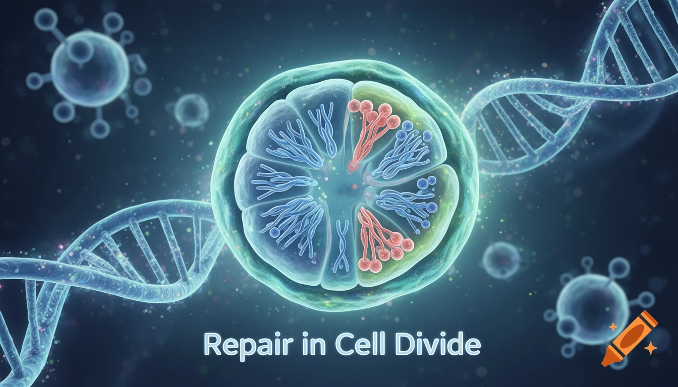 A vibrant 3D scientific illustration of a cell undergoing division, with DNA strands and smaller cells in the background, text 'Repair in Cell Divide' below.