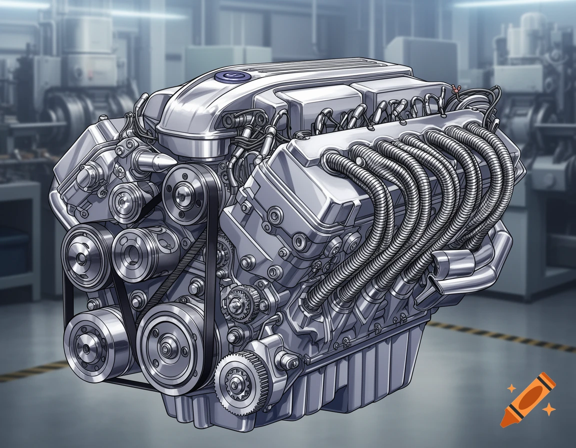 Detailed illustration of a V-type car engine with pulleys, belts, and exhaust pipes in a factory background.