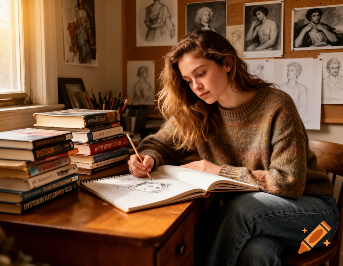A young woman with long wavy hair sits at a wooden desk, focused on sketching in a notebook with a pencil. Stacks of books and art prints are around her.