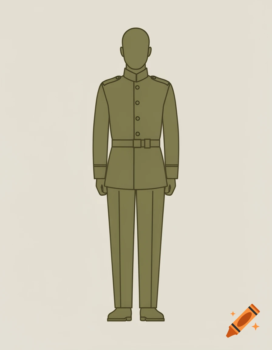 A schematic illustration of a soldier in a green uniform standing at attention.