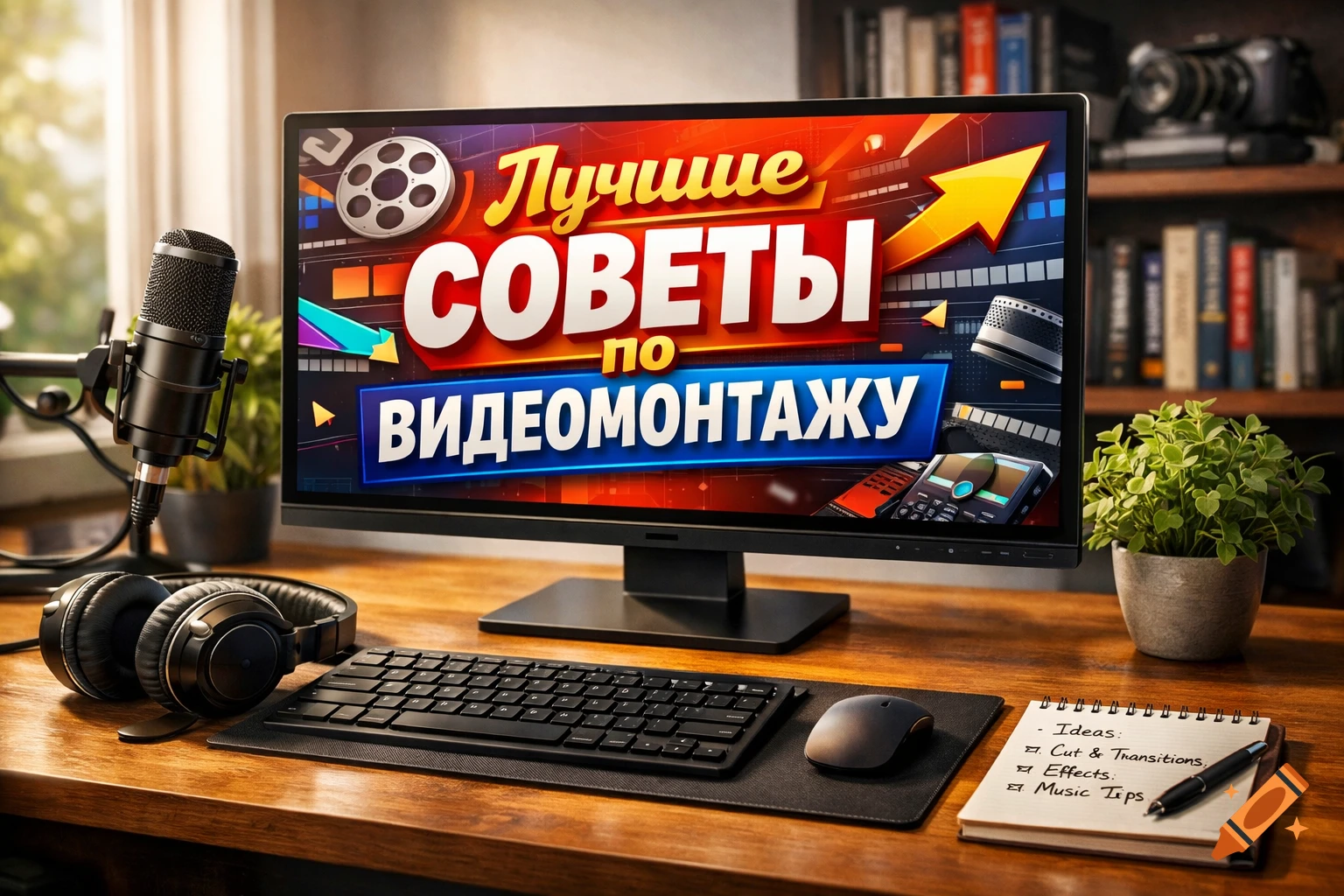 A desk with a monitor showing 'Best Video Editing Tips', microphone, headphones, keyboard, and notepad with notes.