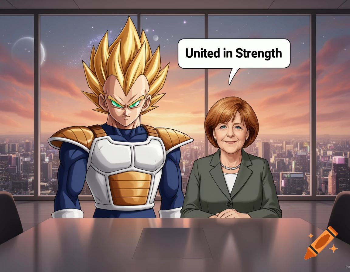 Super Saiyan Vegeta and Angela Merkel sit at a table in a high-rise ...