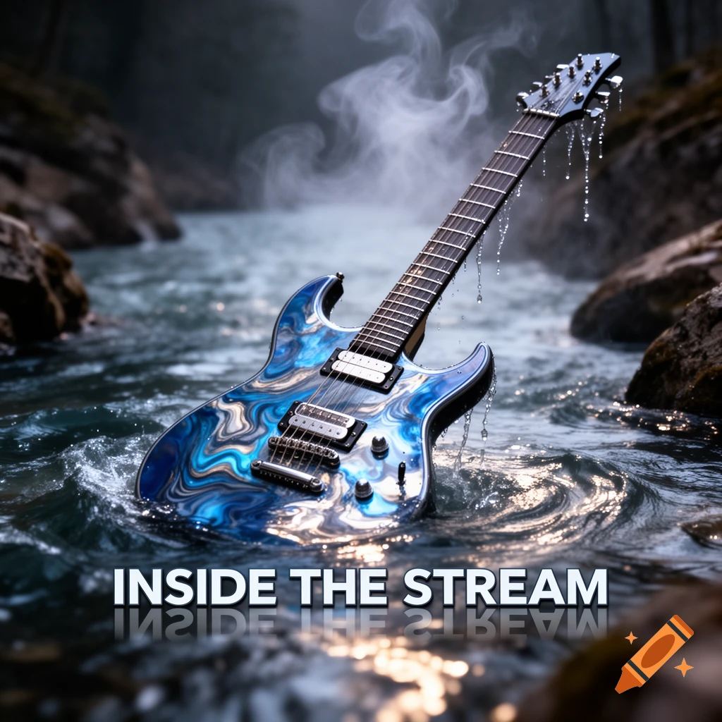A blue and white swirled electric guitar stands in a rocky stream with mist and text "INSIDE THE STREAM".
