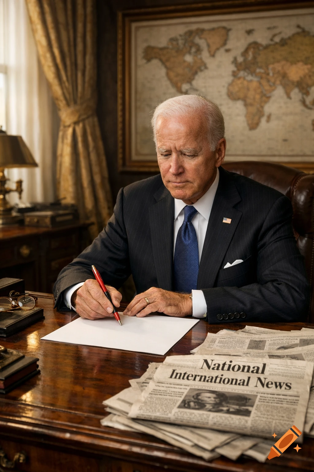 Photorealistic image of Joe Biden in a suit, sitting at a wooden desk with a world map behind him, writing on a blank paper while a stack of newspapers labeled "National International News" sits nearby.
