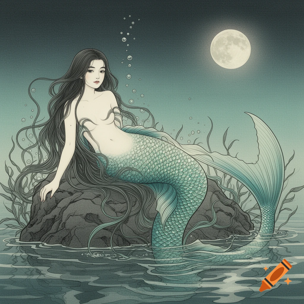 A long-haired mermaid with a blue-green tail sits on a rock in the water under a full moon, in a Japanese art style.