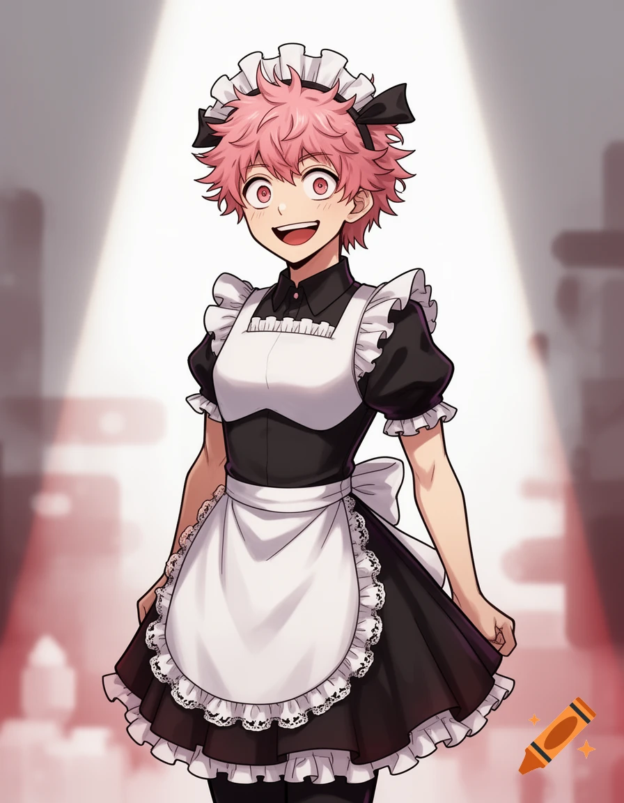 Pink-haired anime character with red eyes smiling in a black and white maid costume.