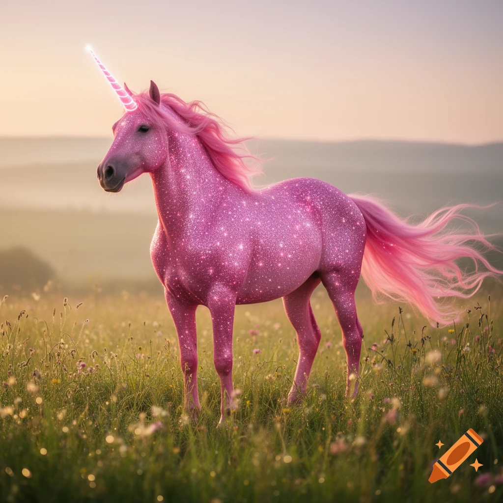 A vibrant pink unicorn covered in sparkling glitter stands in a sunlit green field at sunset.