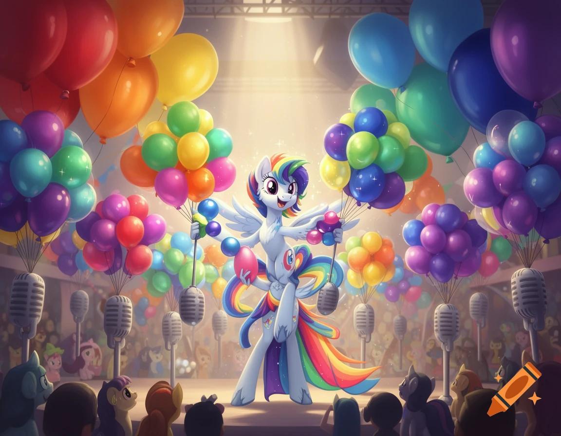 Songbird Serenade, a white winged pony with rainbow hair, stands on a stage holding colorful balloon bouquets, surrounded by more balloons and a pony audience.