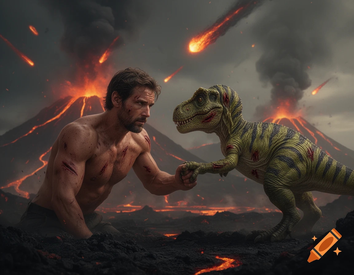 A scarred man and a baby T-Rex shake hands amidst an apocalyptic landscape with erupting volcanoes and fiery meteorites.